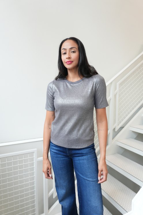 Metallic Ribbed Knit Tee