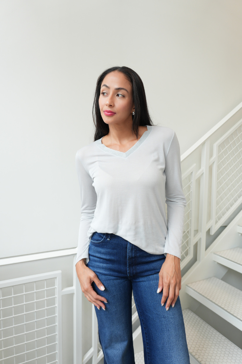 Metallic Trim V-Neck Top