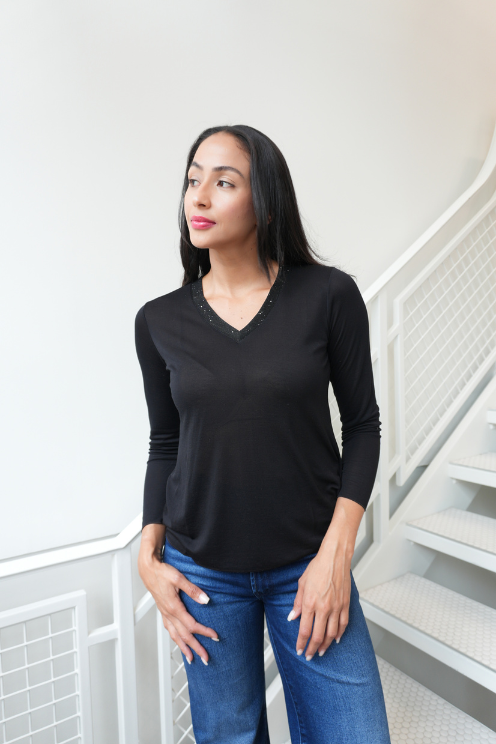 Metallic Trim V-Neck Top