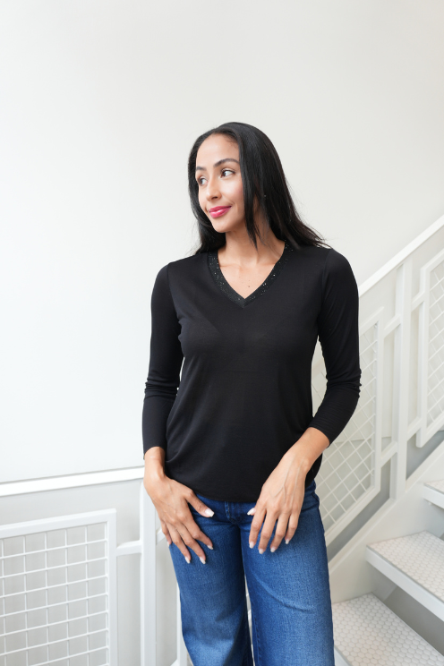 Metallic Trim V-Neck Top