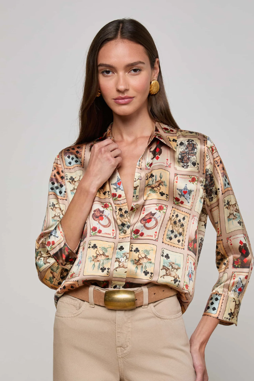 Dani 3/4 Sleeve Blouse in Tan Multi Western Cards