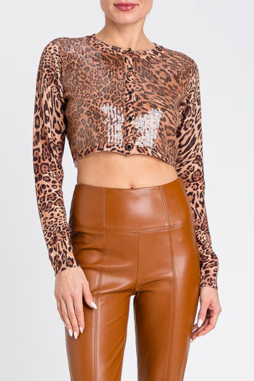 Leopard Sequin Cropped Cardi