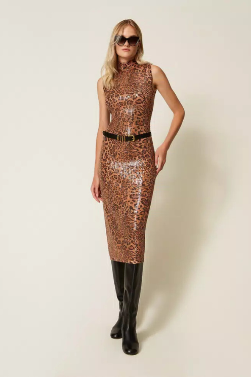Knit Midi Leopard Dress with Sequins