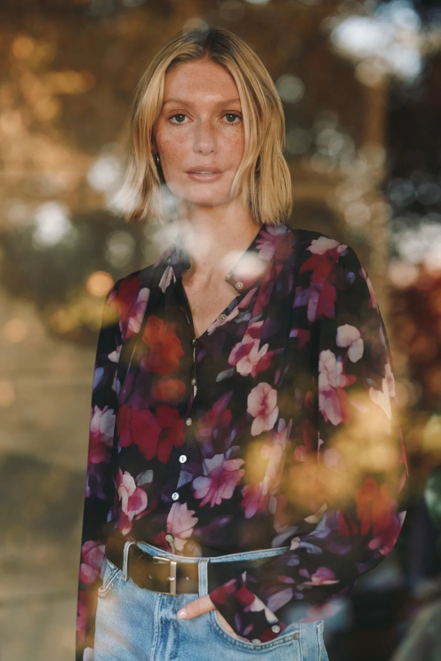 Shirred Button Up Blouse - Berry Bloom Print