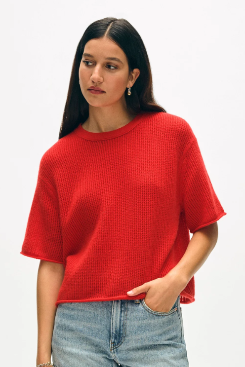 Cashmere Waffle Mesh Tee in French Red