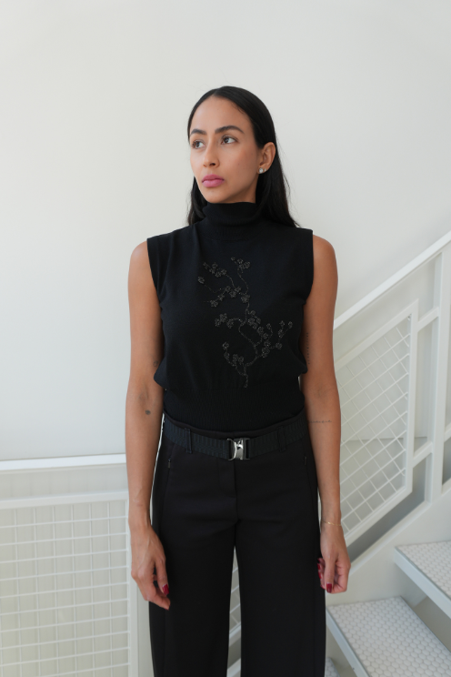 Stretch Merino Sleeveless Pull with Lurex Trimming