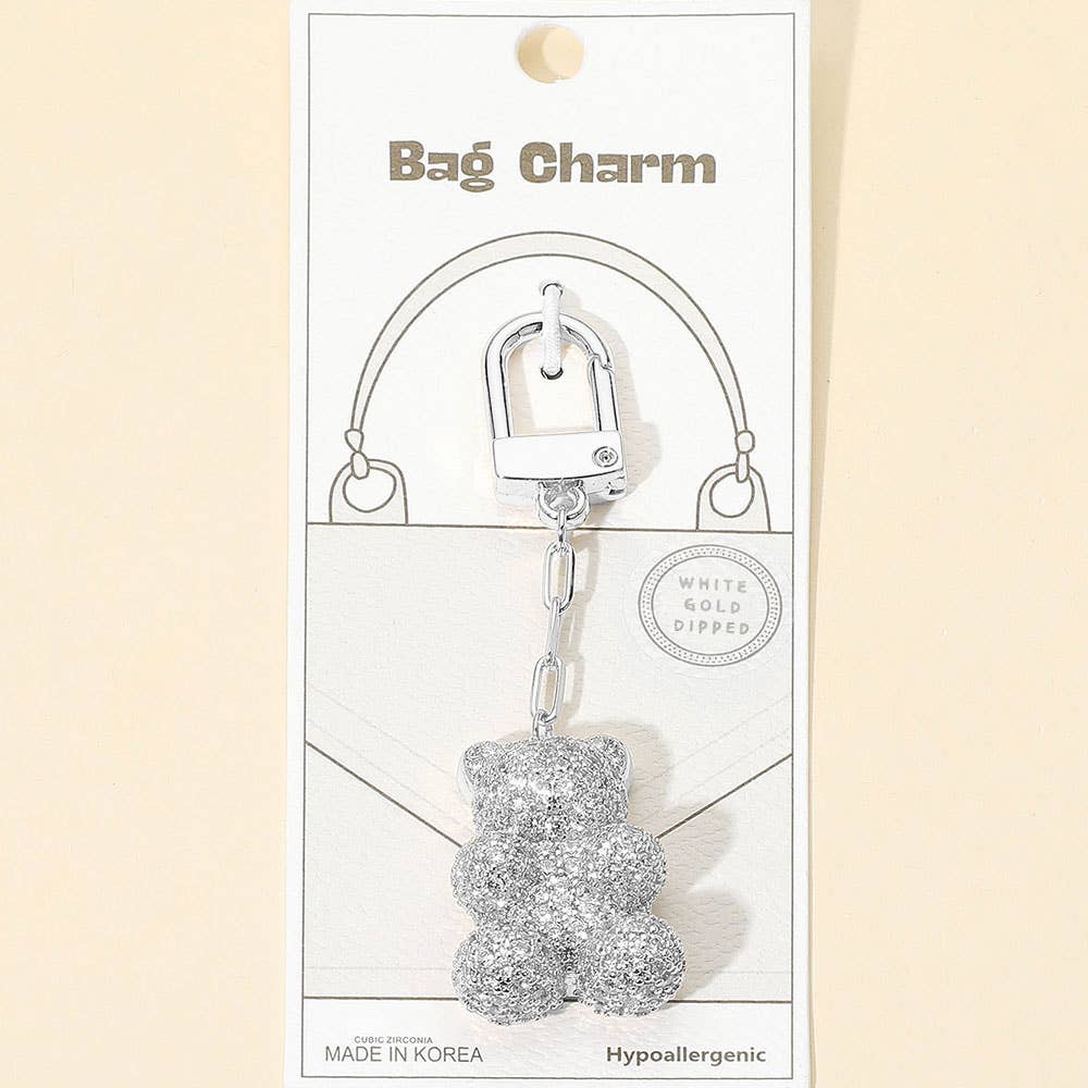 Gold Dipped CZ Stone Paved Teddy Bear Drop Keychain / Bag Charm