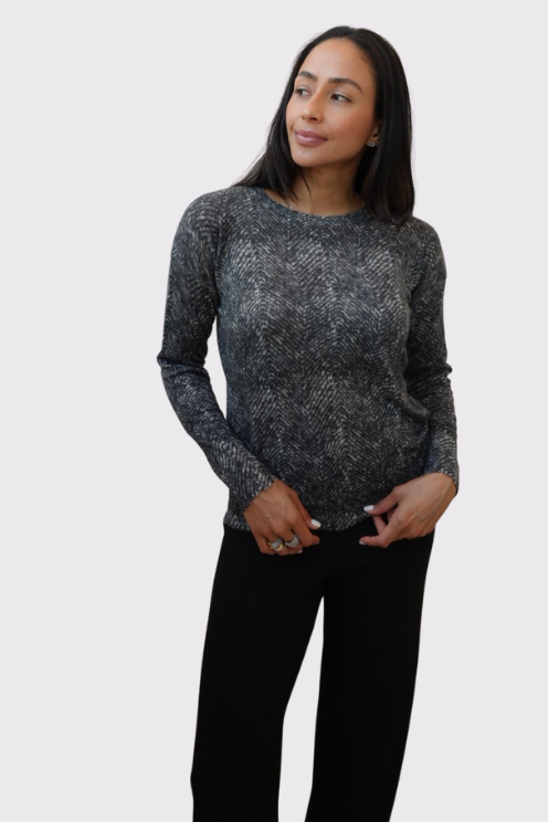 Herringbone Print Raw Edge Crew