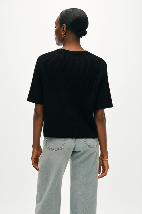 Cashmere Waffle Mesh Tee in Black