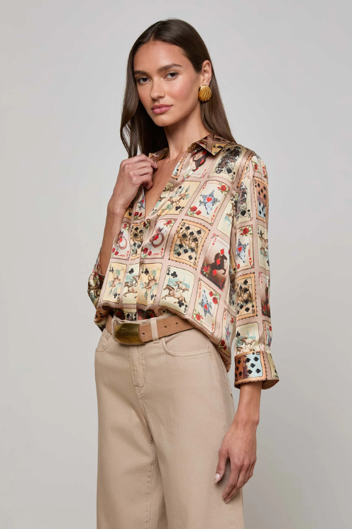 Dani 3/4 Sleeve Blouse in Tan Multi Western Cards