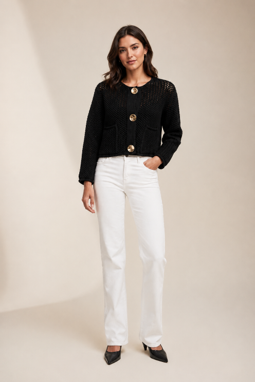 Open Knit Cardi with Oversized Buttons