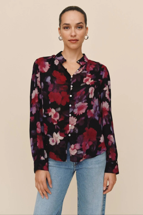 Shirred Button Up Blouse - Berry Bloom Print