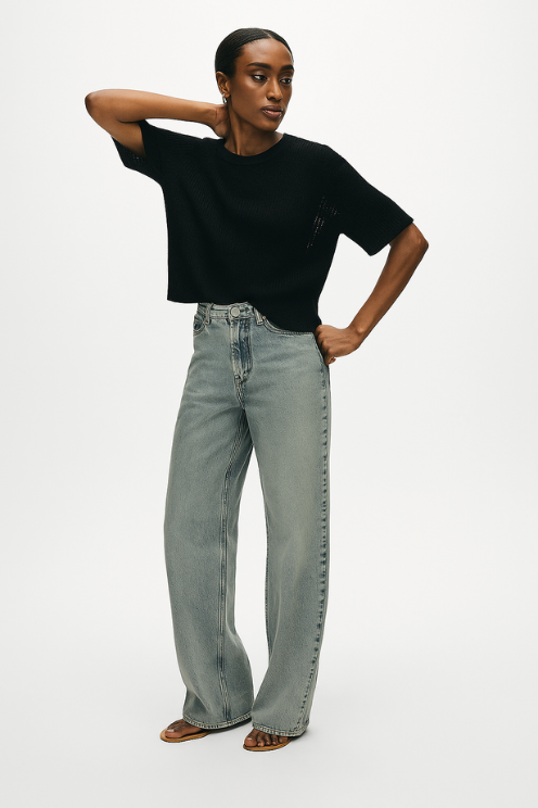 Cashmere Waffle Mesh Tee in Black