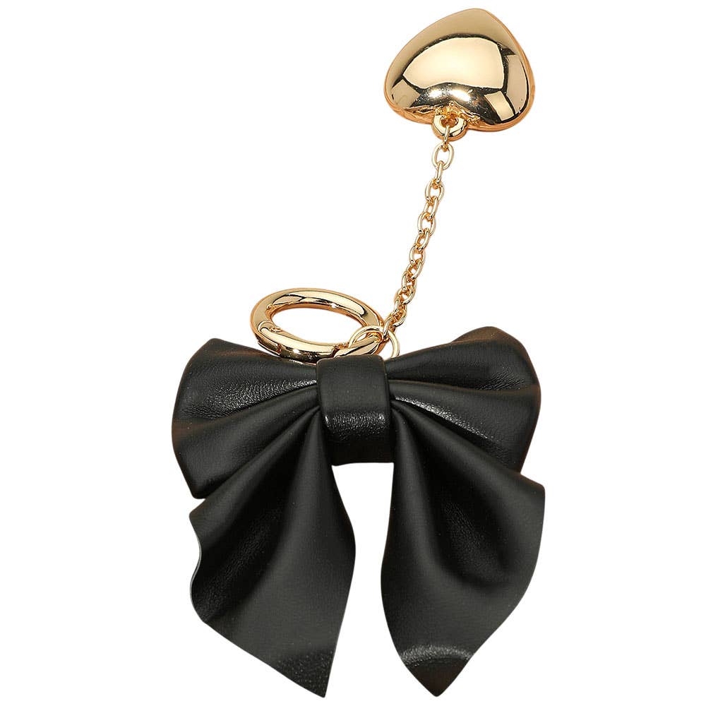 Faux Leather Bow Metal Heart Drop Bag Charm