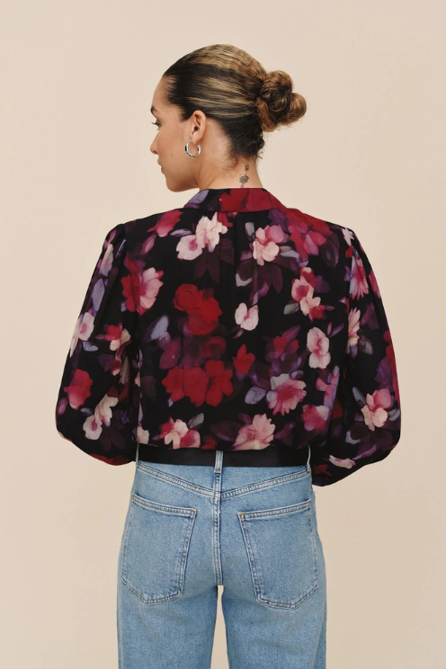 Shirred Button Up Blouse - Berry Bloom Print