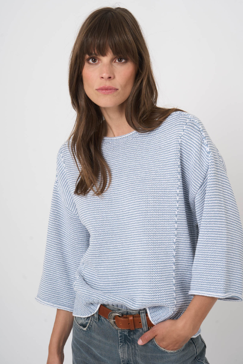 Tonal Striped Cotton Boat Neck Sweater