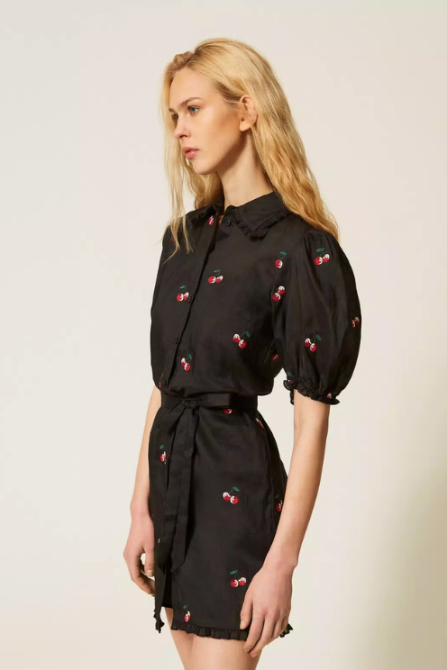 Cherry Embroidered Ramie Dress