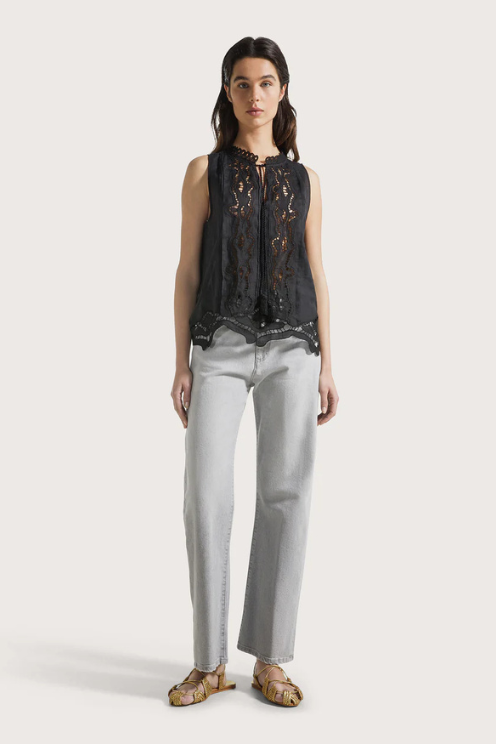 Embroidered Ramie Sleeveless Top