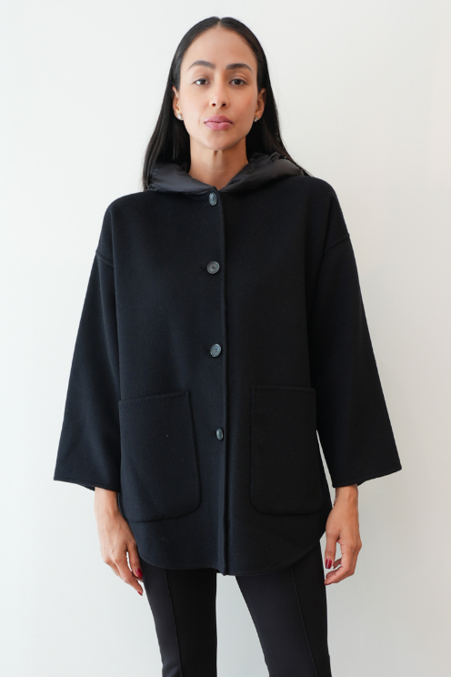 Black Wool Hooded Coat