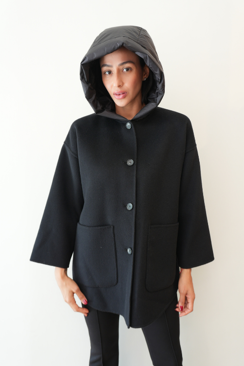 Black Wool Hooded Coat