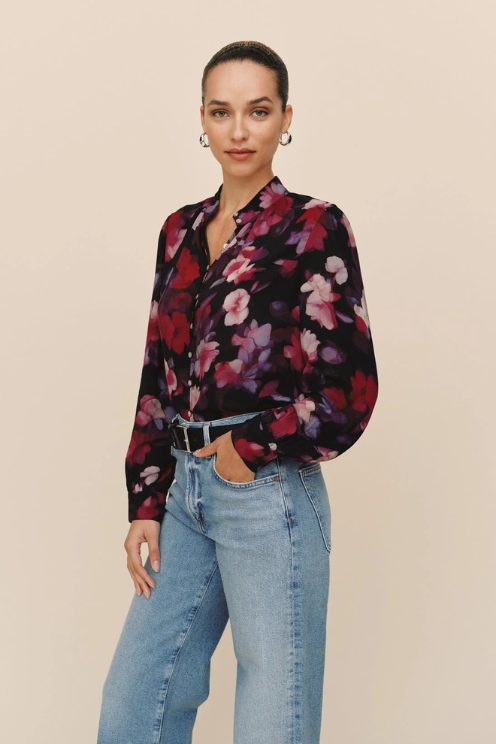 Shirred Button Up Blouse - Berry Bloom Print