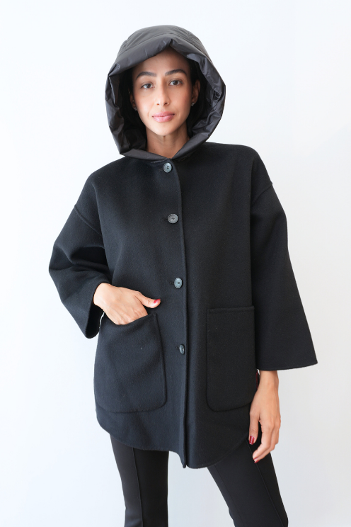 Black Wool Hooded Coat