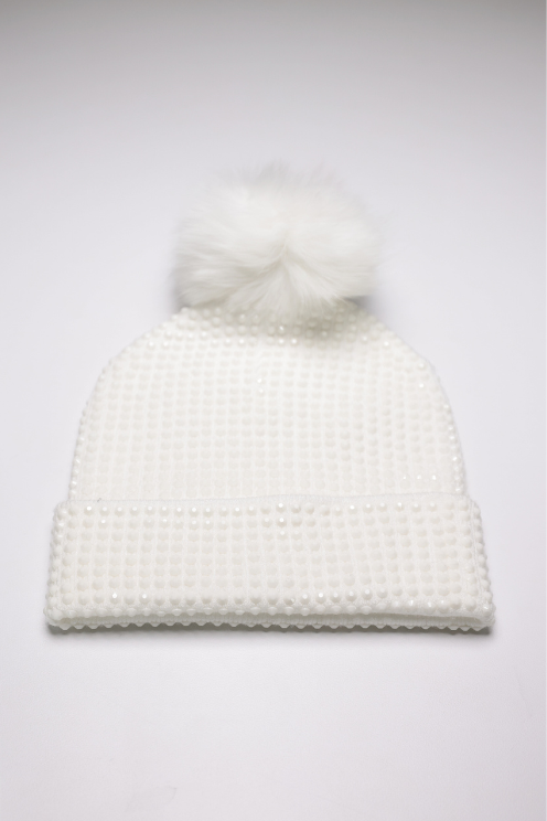 Ivory Crystal Beanie Fox Pom