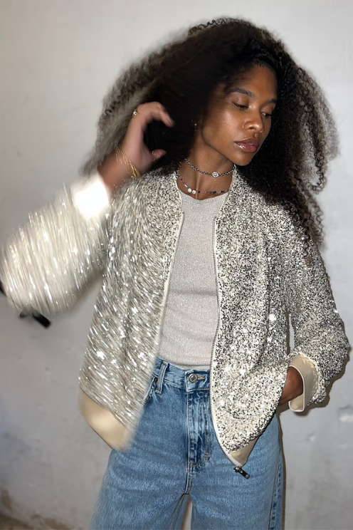 Never Fully Dressed Sequin Bomber Jakcet