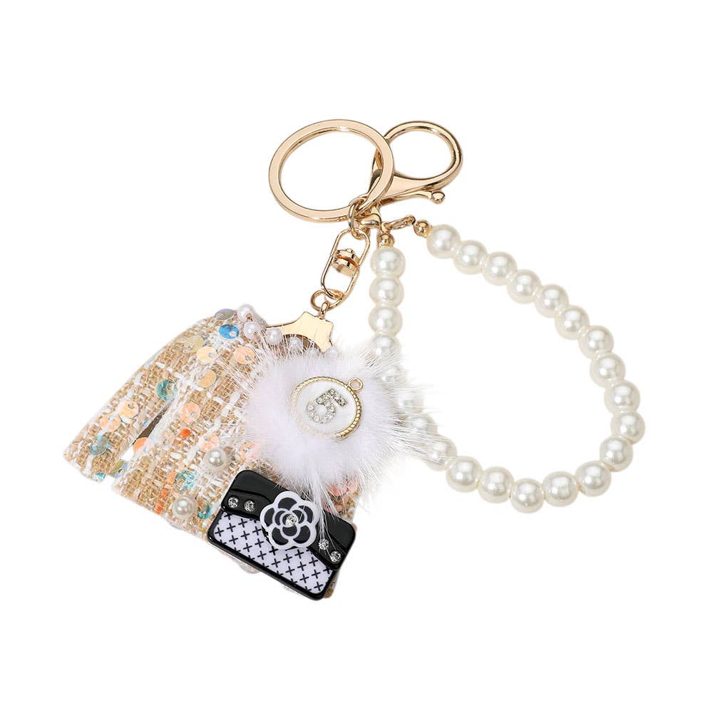 Sequin Beaded Pom Handbag Tweed Jacket Pearl Bag Charm in Ivory