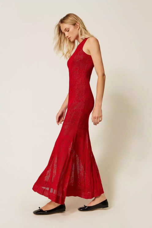 Venetian Red Openwork Knit Dress