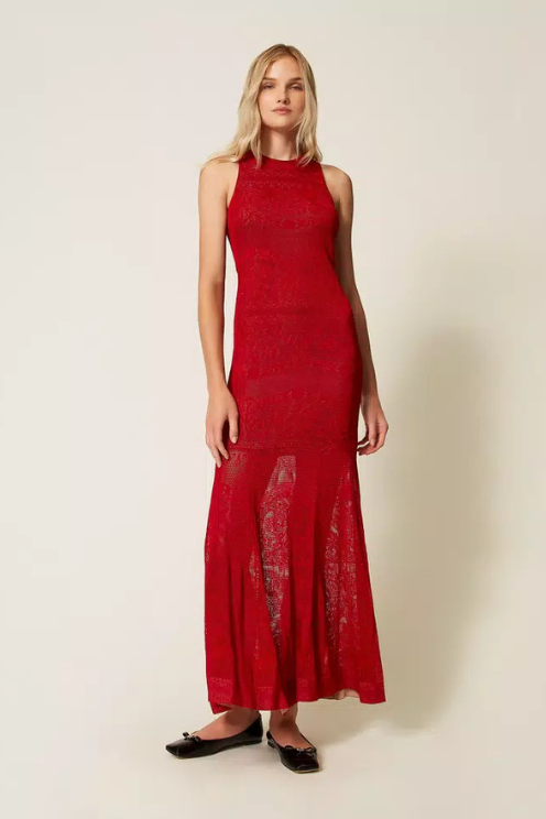 Venetian Red Openwork Knit Dress