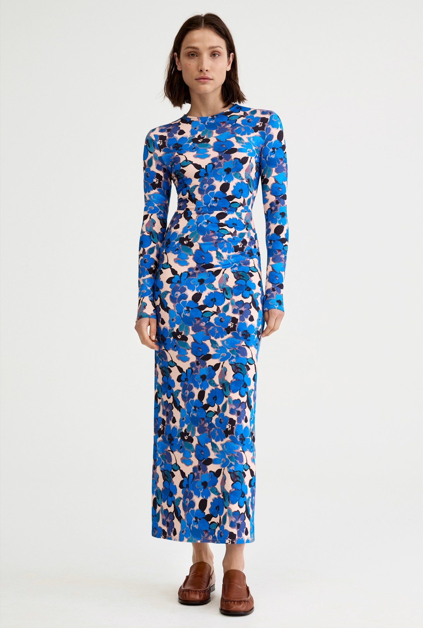 Ruched Crewneck Midi Dress