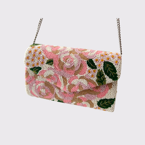 Pink Raised Florals Beaded Clutch