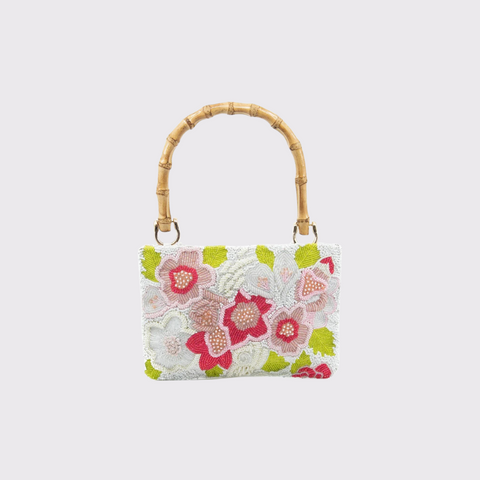 Raised Floral Beaded Bag with Bamboo Handle