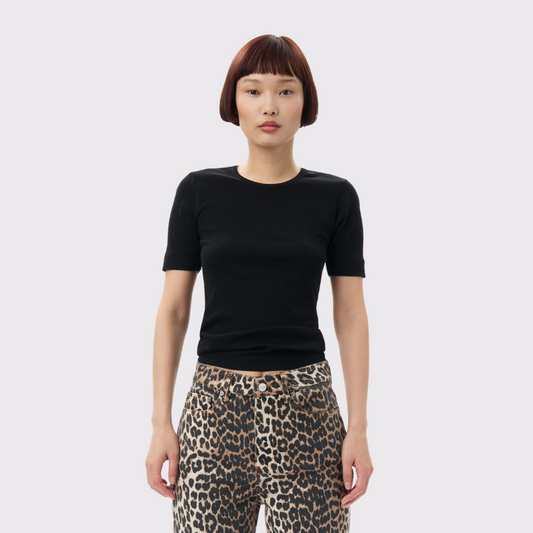 GANNI Soft Cotton Rib T-shirt in Black