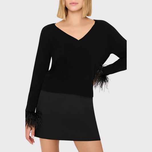 Milly Feather Cuff V-Neck Sweater