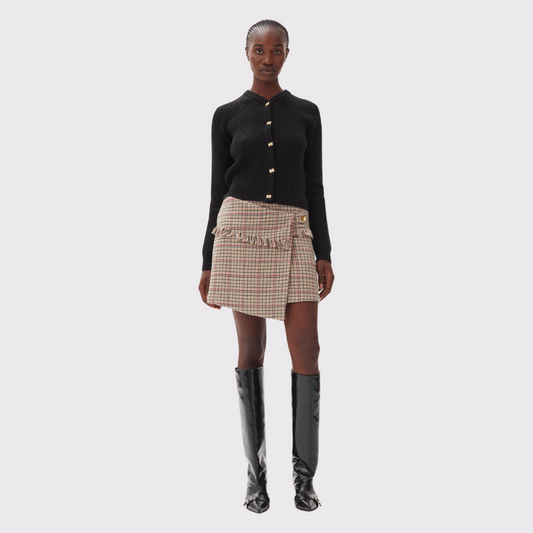GANNI Check Wool Mix Wrap Mini Skirt