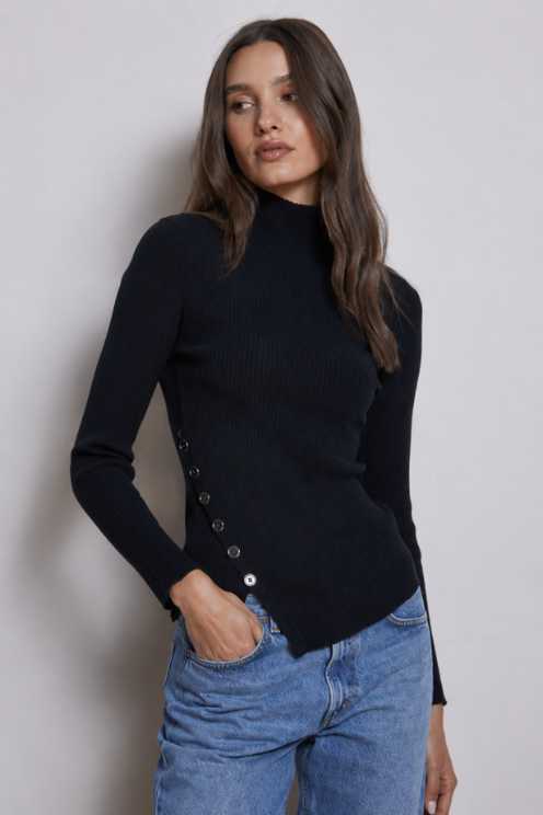 Asymmetrical Button Mock Neck Sweater