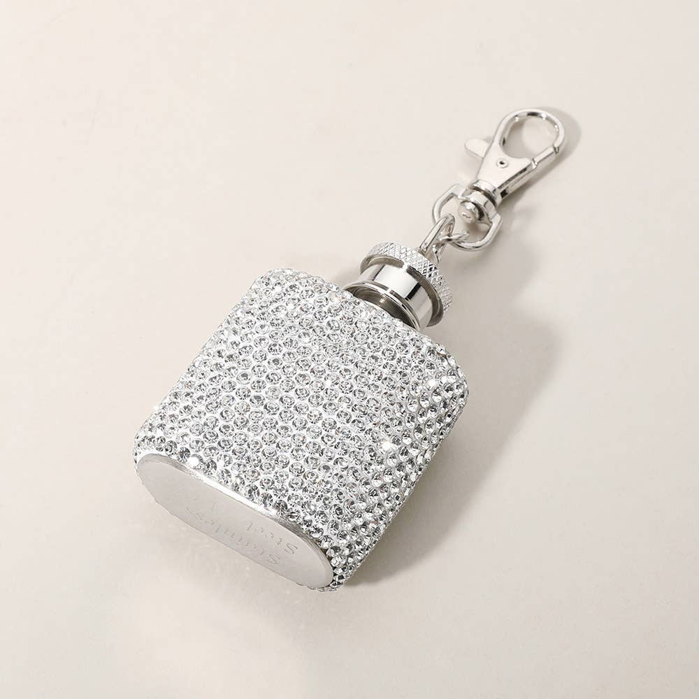 1oz Bling Studded Stainless Steel Mini Flask Bag Charm in Clear