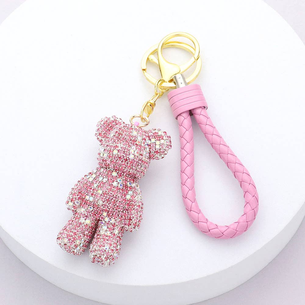 Bling Bear Figure Faux Leather Strap Bag Charm in Pink