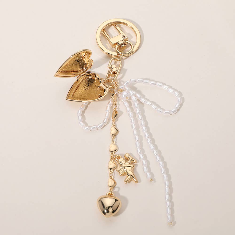 Pearl Beaded Bow Metal Heart Embellished Bag Charm Keychain: Gold