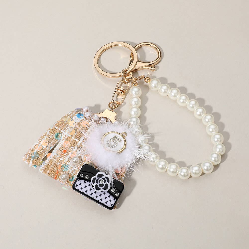 Sequin Beaded Pom Handbag Tweed Jacket Pearl Bag Charm in Ivory