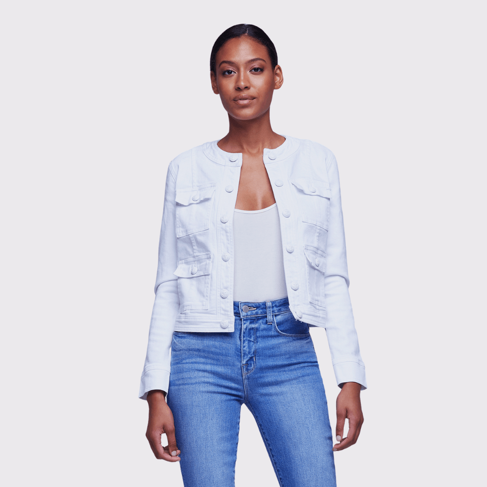 Collarless white jean sales jacket