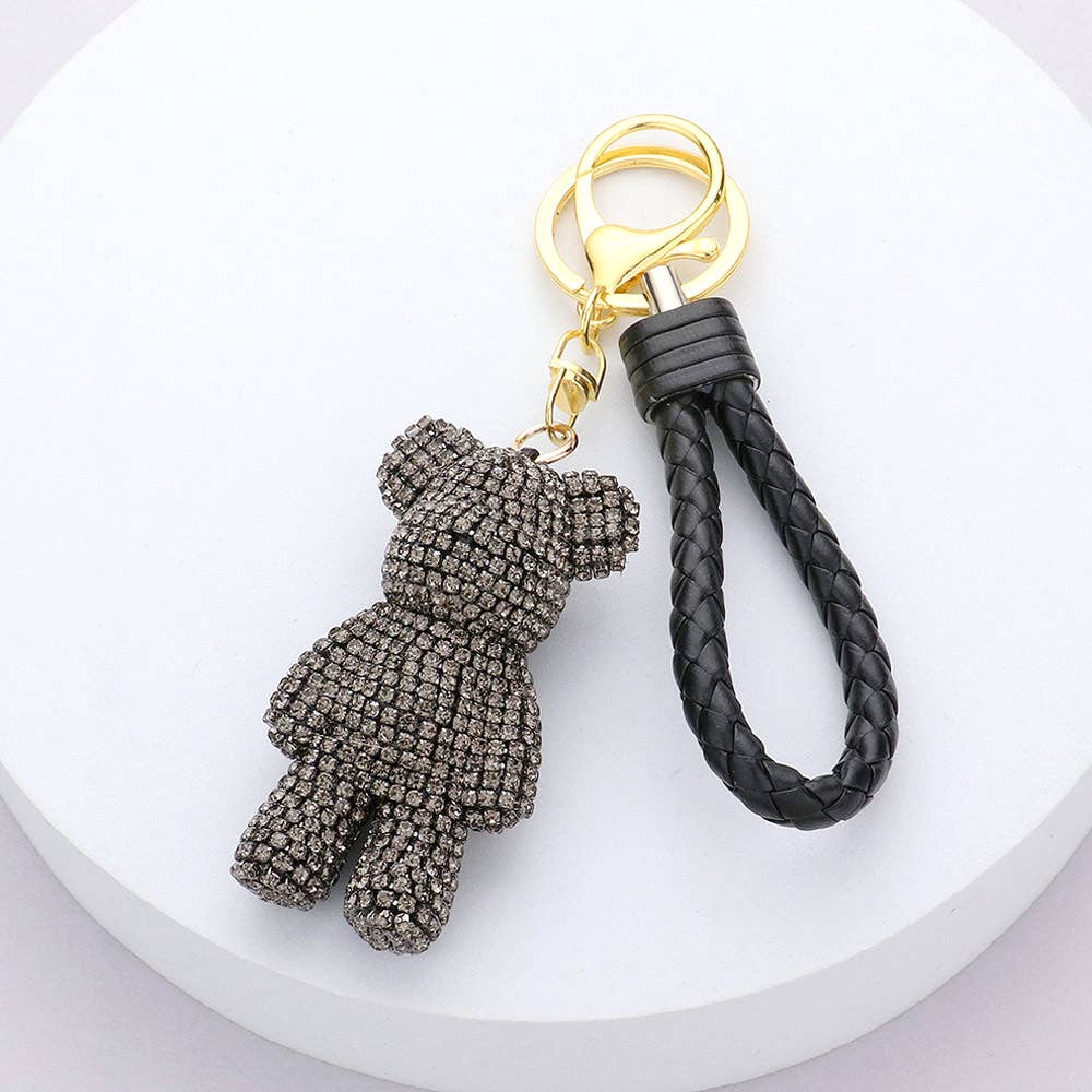 Bling Bear Figure Faux Leather Strap Bag Charm in Black