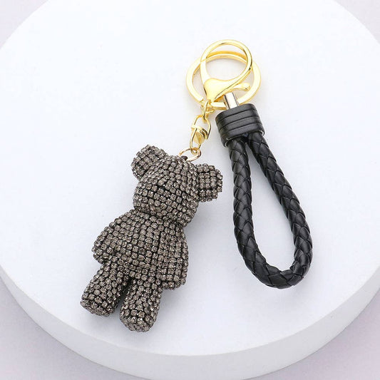 Bling Bear Figure Faux Leather Strap Bag Charm in Black