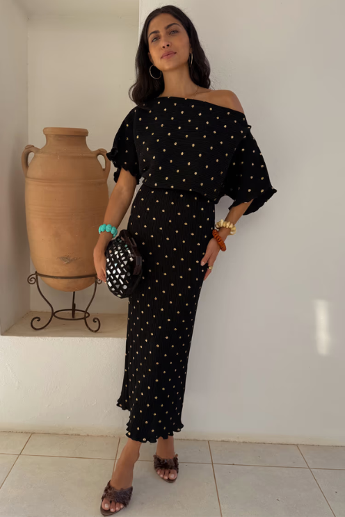 Black Tilly Plisse Dress with Gold Fleck
