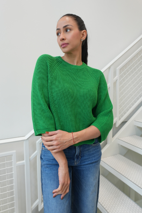 Wide Sleeve Scalloped Edge Shaker Crew Crewneck