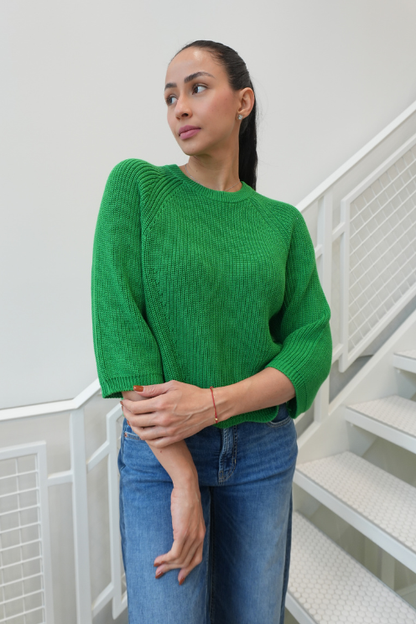 Wide Sleeve Scalloped Edge Shaker Crew Crewneck