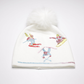 White Hat with Skiers and Fox Pom Pom