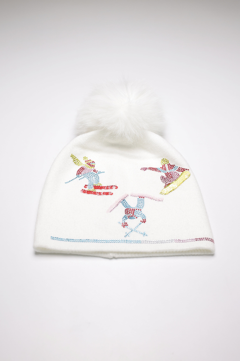 White Hat with Skiers and Fox Pom Pom